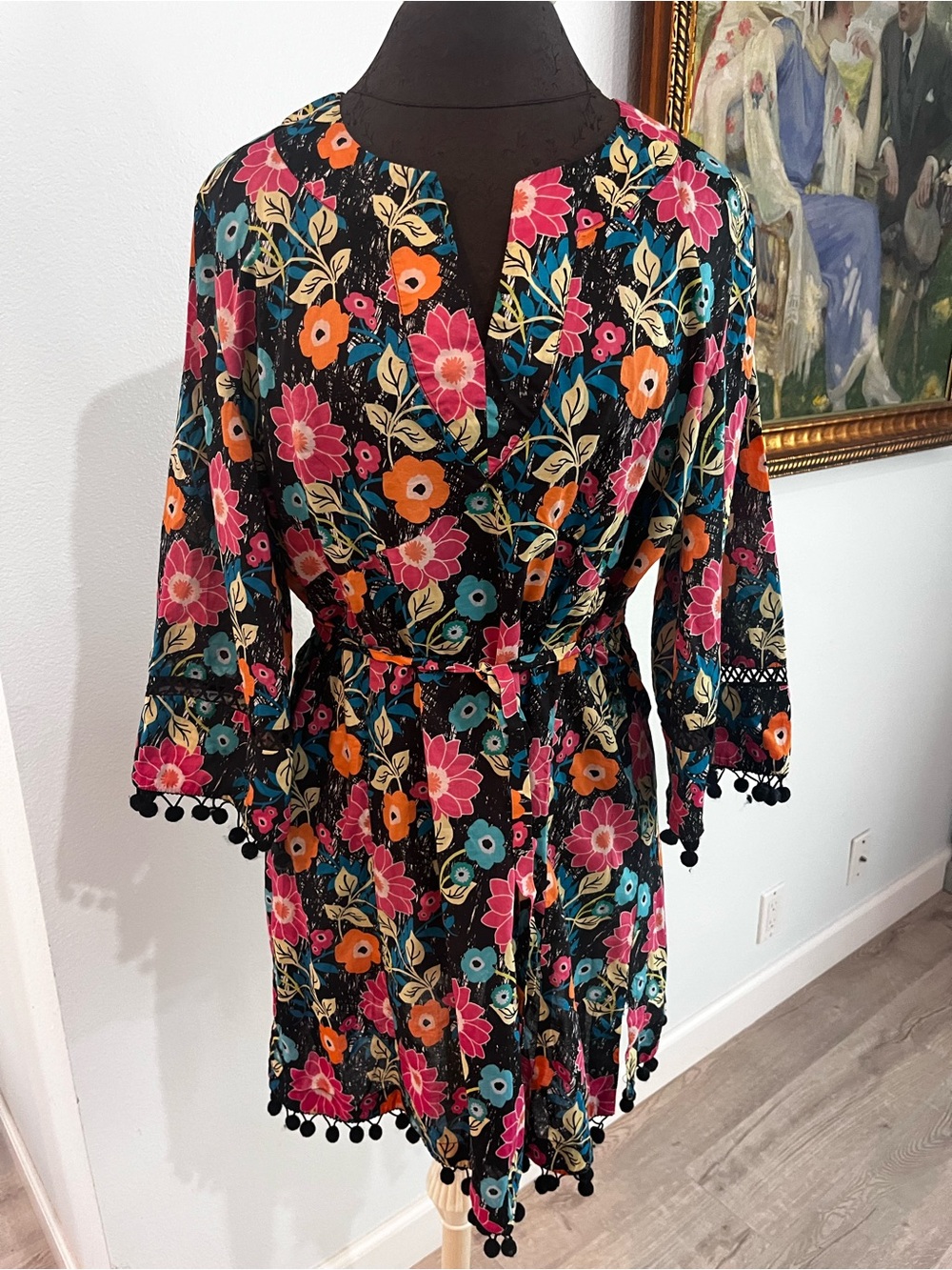 Garden Freak Cotton Floral Tunic Dress Pom Pom Fringe Made In USA Medium Cotton